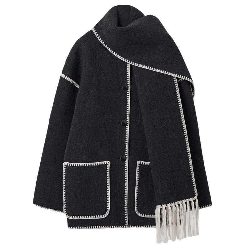 Winter Jacket - Women's Fashionable Thick Woolen Coat with Scarf Tassels 