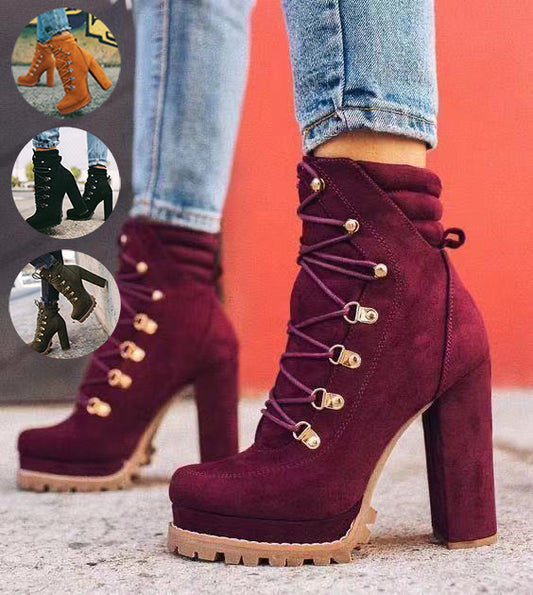 Heeled Boots For Women Round Toe Lace UP High Heels Boots Mid Calf Sho