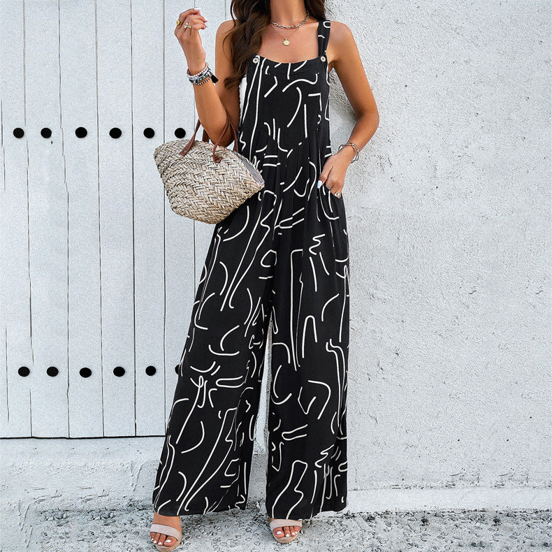 Jumpsuit - Fashion Print Square Neck Jumpsuit With Pockets Spring Summer Casual Loose Overalls Womens Clothing