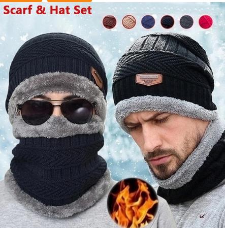 Winter Beanie Hat Scarf Set Warm Knit Hat Thick Fleece Lined Winter Hat Neck Warmer For Men Women close up