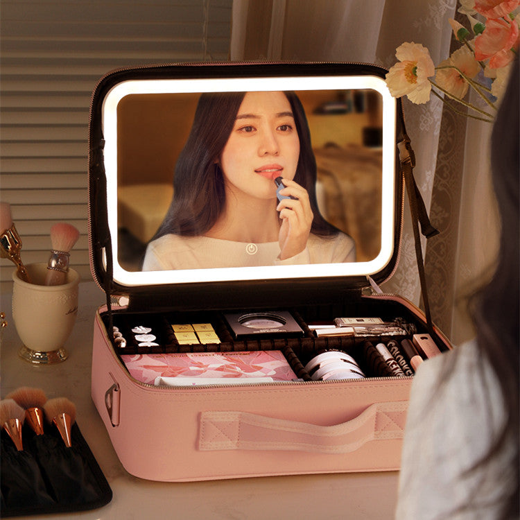 Smart LED Cosmetic Case With Mirror Cosmetic Bag Large Capacity Fashio