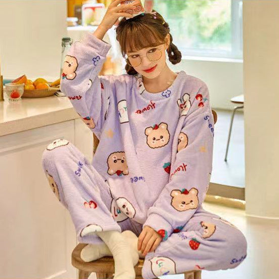 Cartoon Print Pyjamas Sets Winter Warme Langarm Nachtwäsche Hause Nachtwäsche Frauen