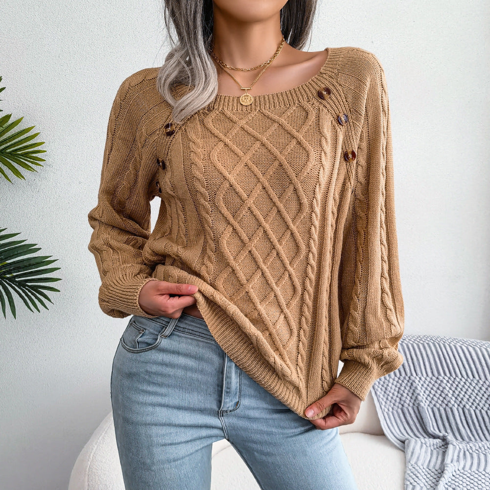 Sweater - Square Neck Button-Up Twisted Knit Sweater brown