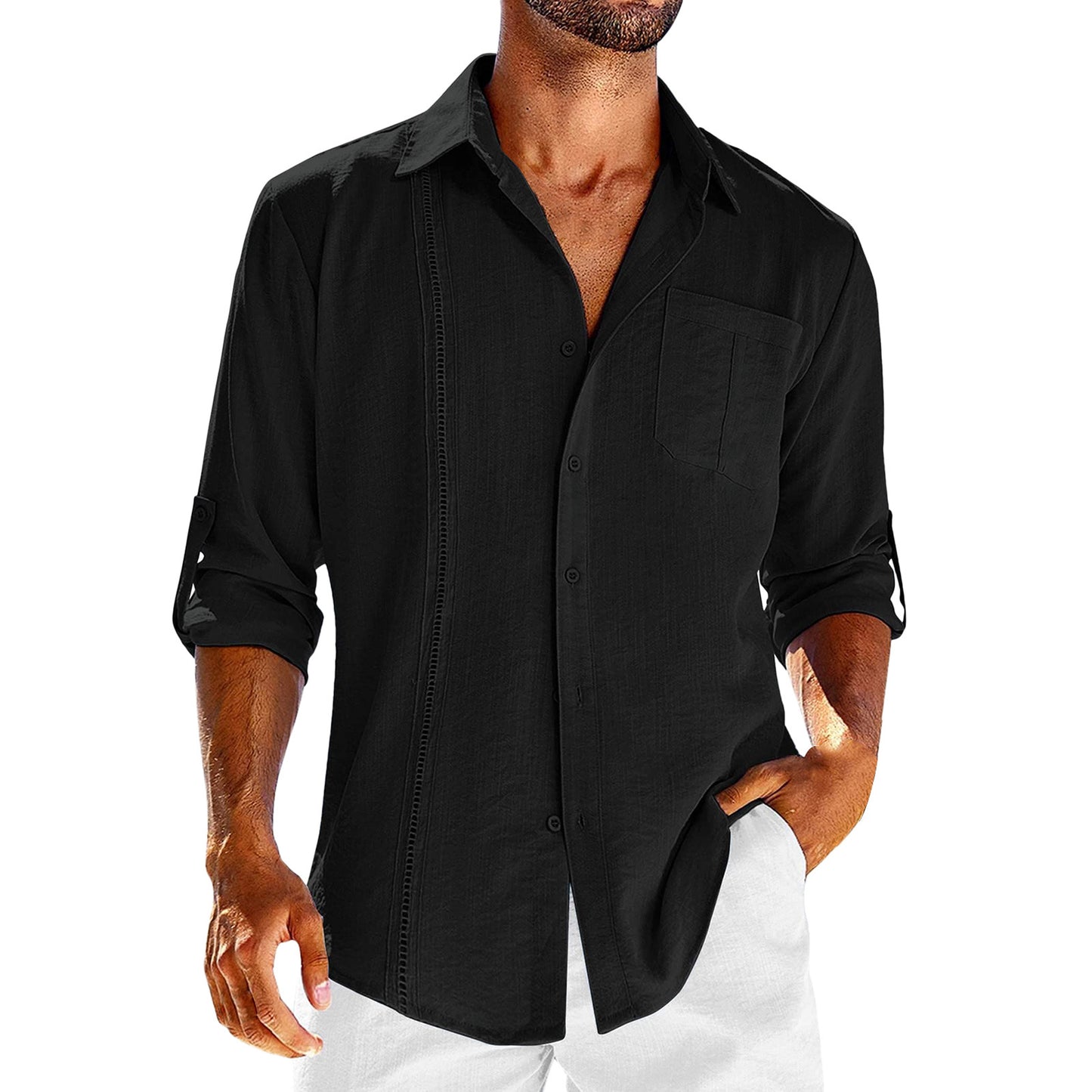 Chemise décontractée à manches longues avec poche en dentelle col polo bouton de couleur unie vêtements pour hommes