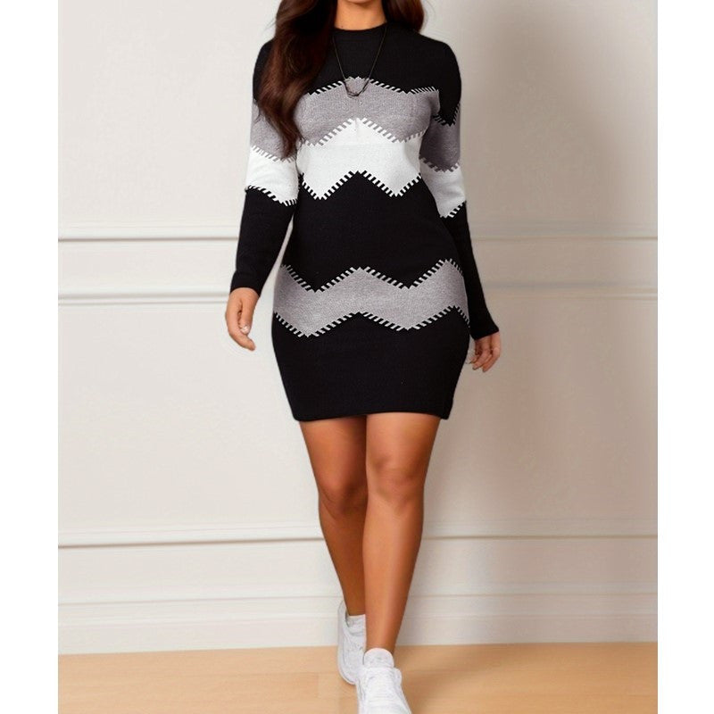 Sweater Dress - Round Neck, Long Sleeve, Printed Knitted Sheath Skirt"