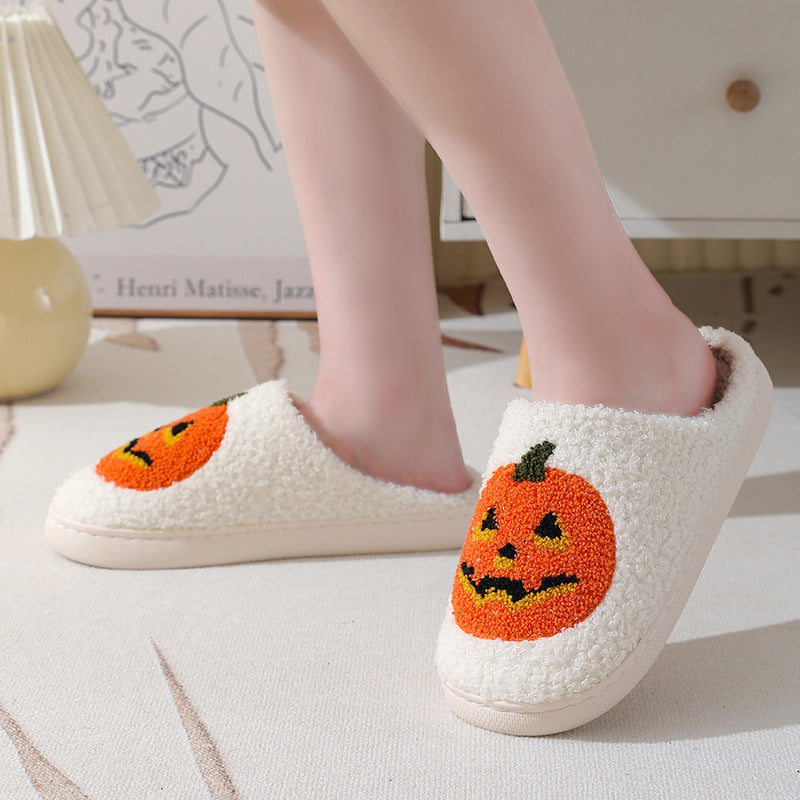 Pantoufles de dessin animé citrouille d'halloween, pantoufles chaudes d'hiver pour hommes et femmes, chaussures d'intérieur pour Couples