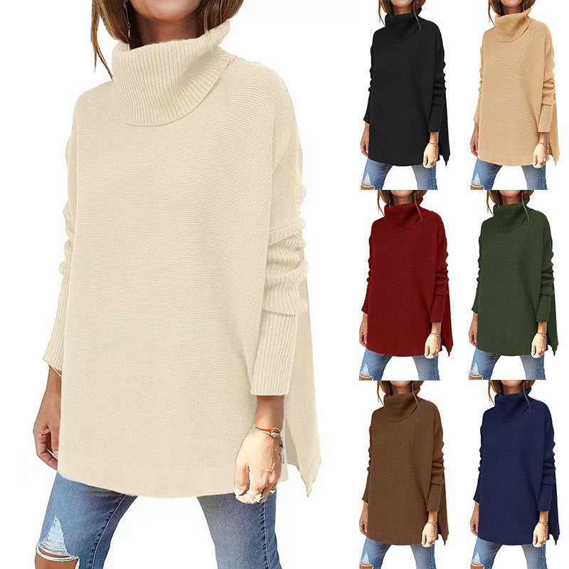 Turtleneck Sweater - Mid Length Batwing Sleeve Slit Hem Tunic Pullover