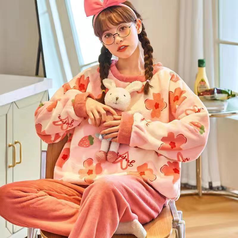 Cartoon Print Pajamas Sets Winter Warm Long Sleeve Sleepwear Home Nightclothes Women