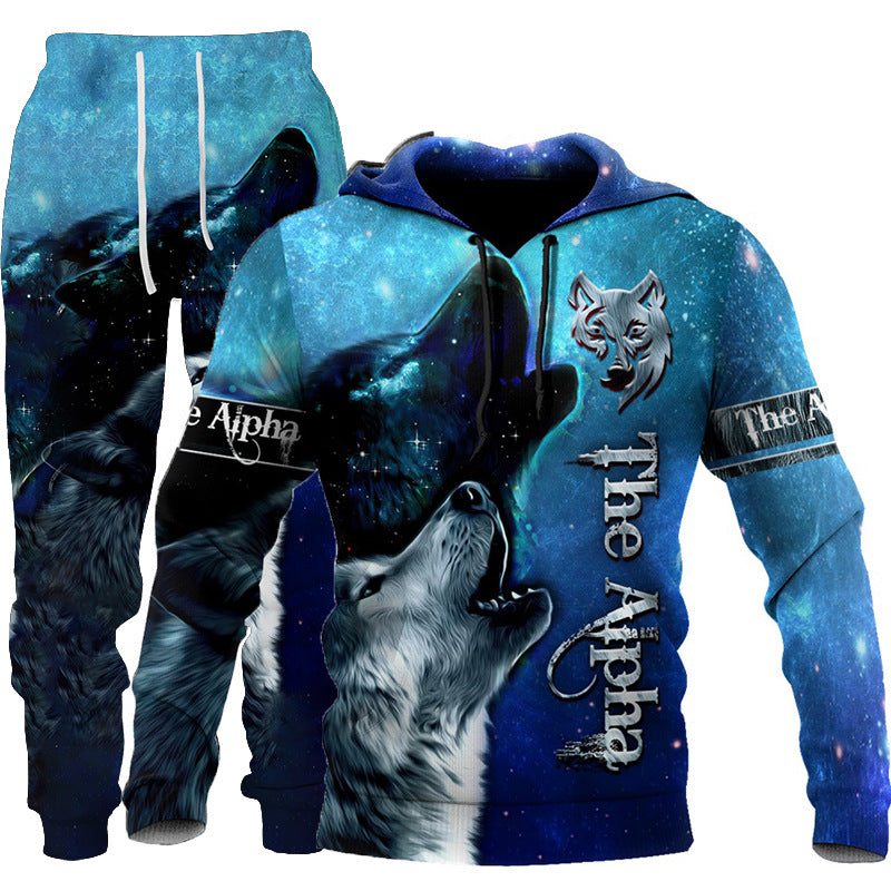 Tracksuit: 3D Wolf Print Hooded Sweatsuit for Men