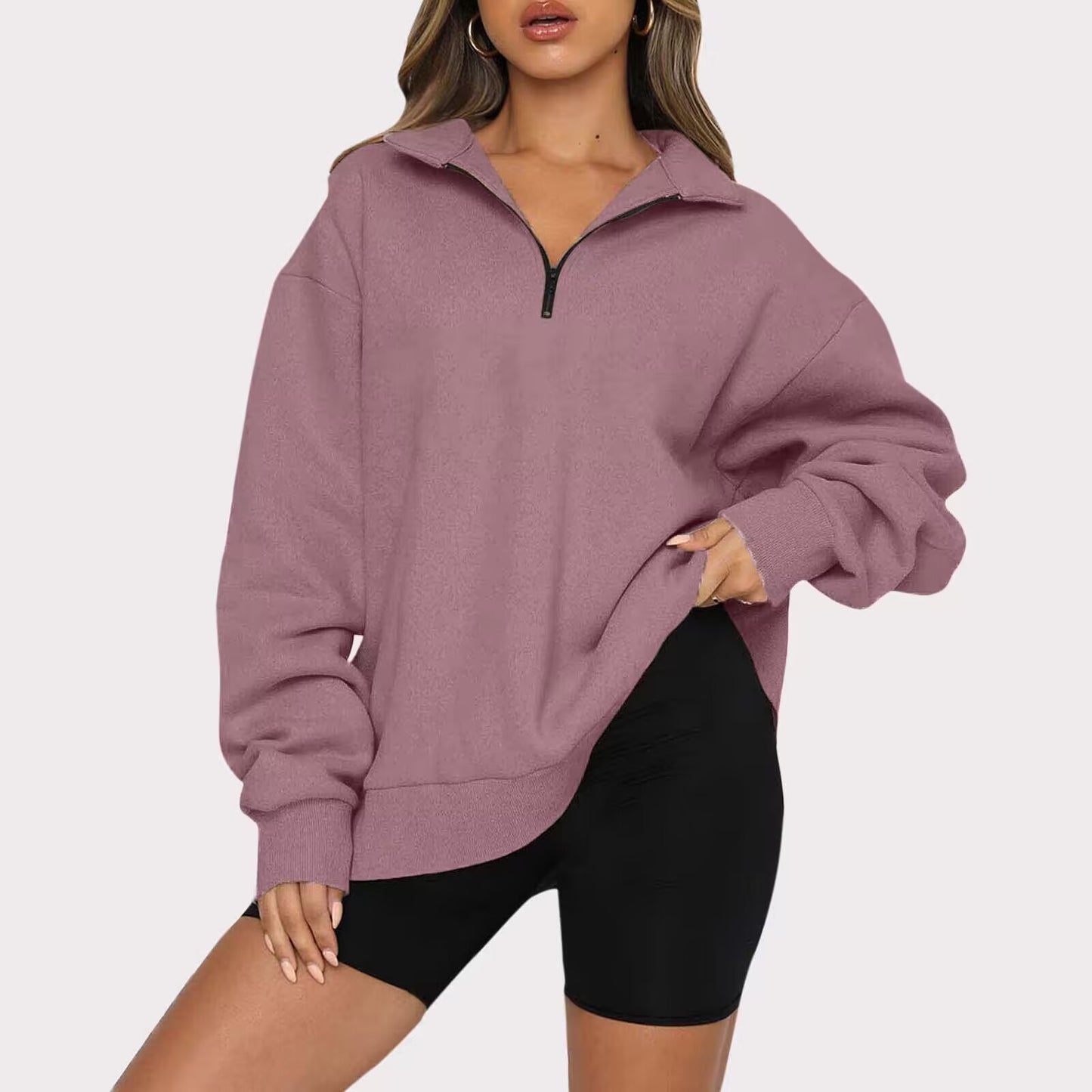 Sweat-shirt à col rabattu pour femme, haut ample et décontracté, vêtements