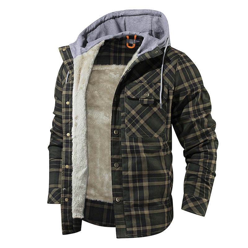 Warme Herrenjacke mit Fleecefutter, Holzfäller-Plaid-Kapuzenjacke mit Druckknopf