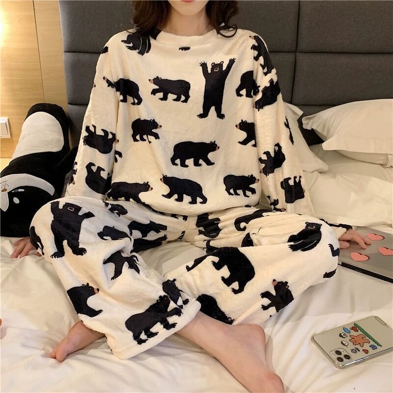 Cartoon Print Pyjamas Sets Winter Warme Langarm Nachtwäsche Hause Nachtwäsche Frauen