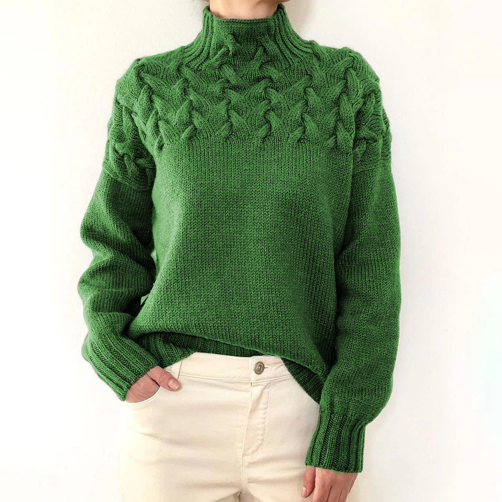 Sweater - Fashion Cable Woven Detail High Collar green