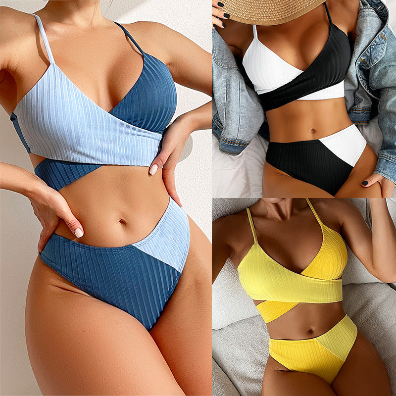 Bikini Sets: Ribbed Women's Swimsuit Knot Back Beachwear