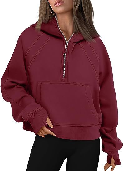 Hoodie - Loose Fit Zip-Up Hooded Sweatshirt with Pockets red