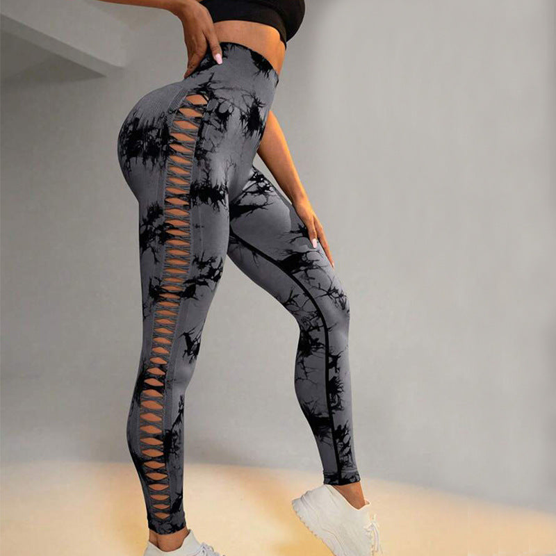 Leggings - Hollow Tie Dye Printed Yoga Pants High Waist Butt Lift Seamless Sports Gym Fitness Leggings