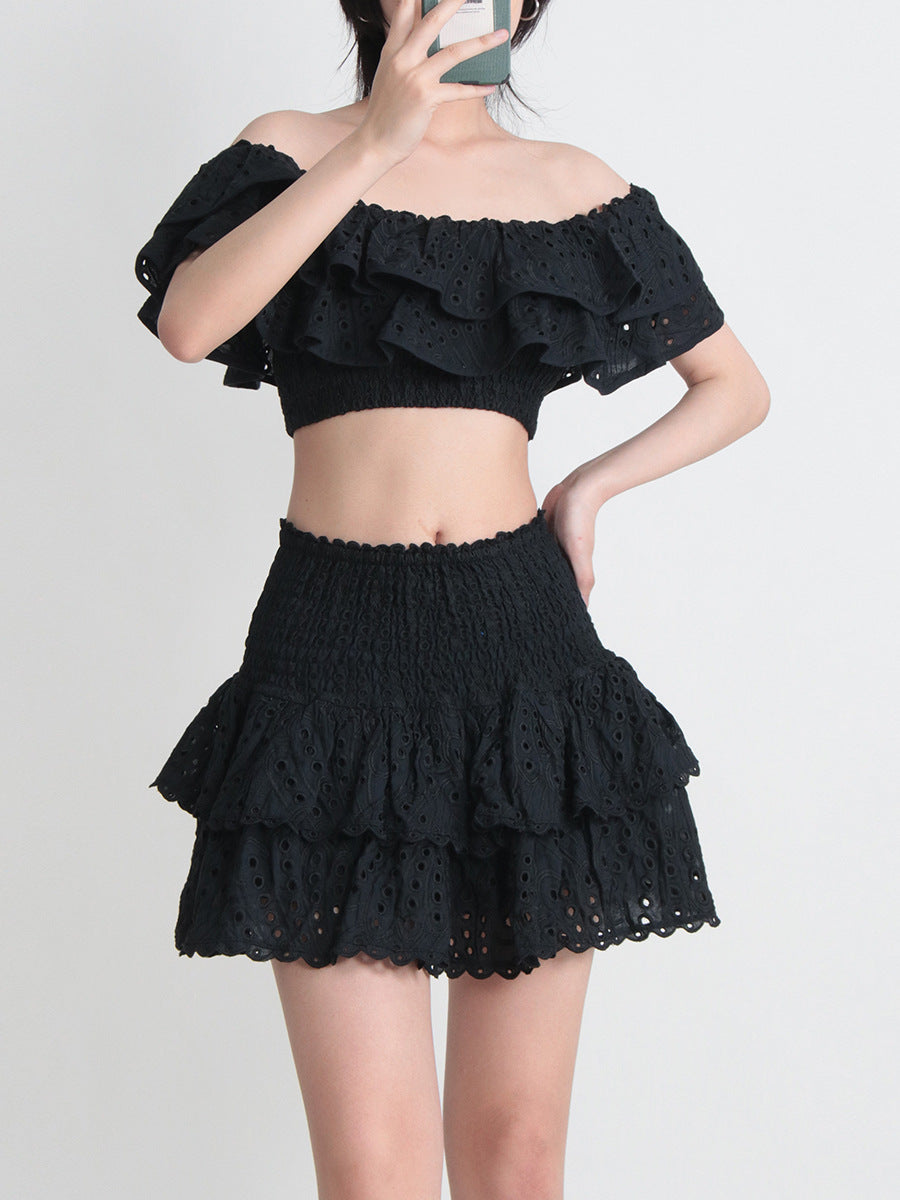 Seaside Vacation Style Two-piece Collar Short Ruffled Shirt High Waist Skirt Outfit