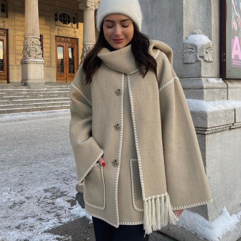 Winter Jacket - Women's Fashionable Thick Woolen Coat with Scarf Tassels brown