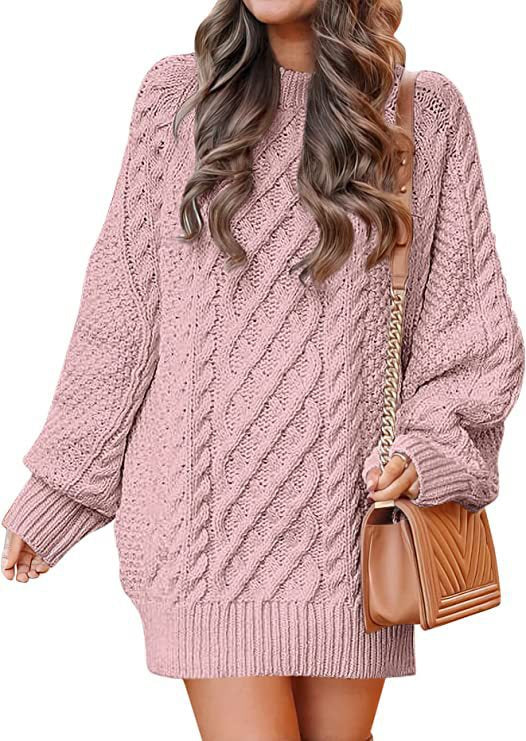 Sweater - Women's Twisted Knit Midi Sweater Dress with Long Sleeves baby pink