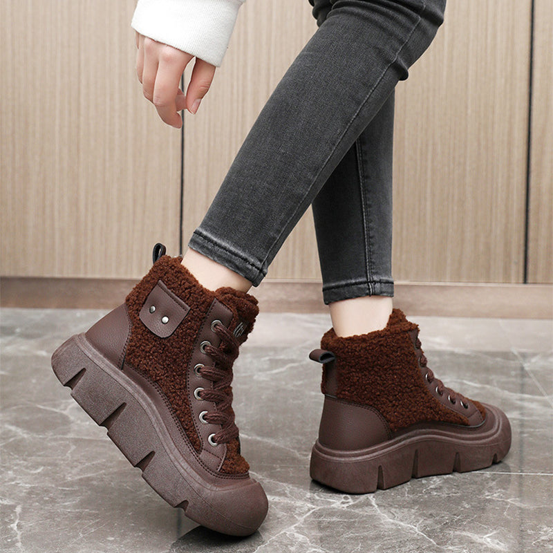 Lace-up High-top Flat Shoes For Women Winter Warm Cashmere Snow Boots Fashion Street Campus Students Height Increasing Shoes