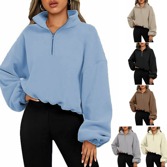 Women Winter Solid Color Zipper Stand Collar Sweatshirt Thick Warm Clothing close up