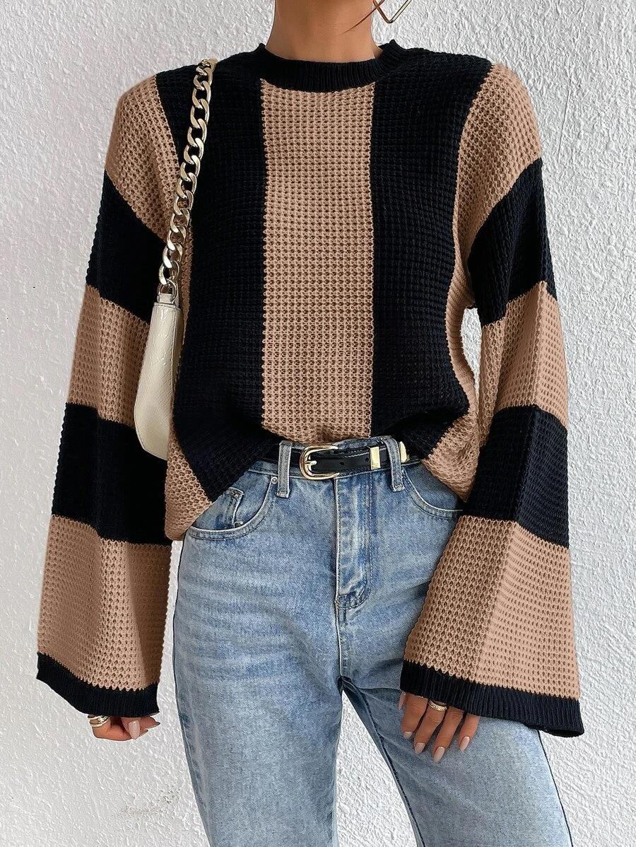 Sweater - Women's Round Neck Striped Knitted Sweater