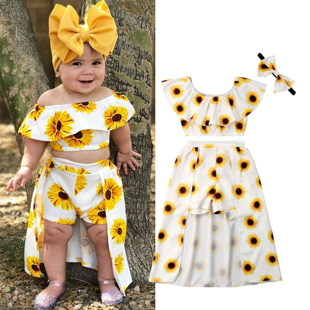 Ensemble 3 pièces jupe-culotte tournesol pour petites filles avec bandeau pour cheveux