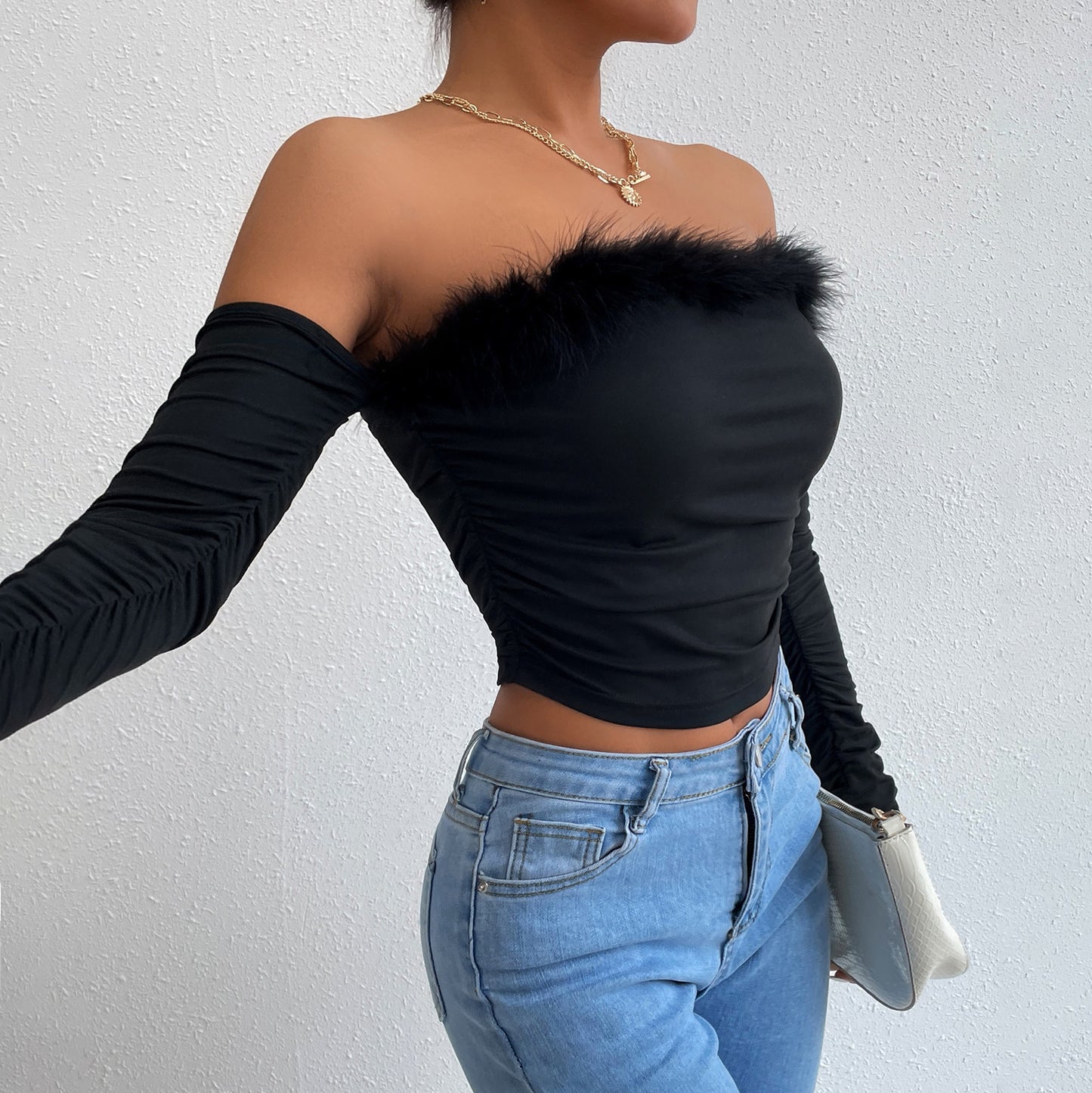 Women Top - Vintage Off-the-Shoulder Sweater Top black