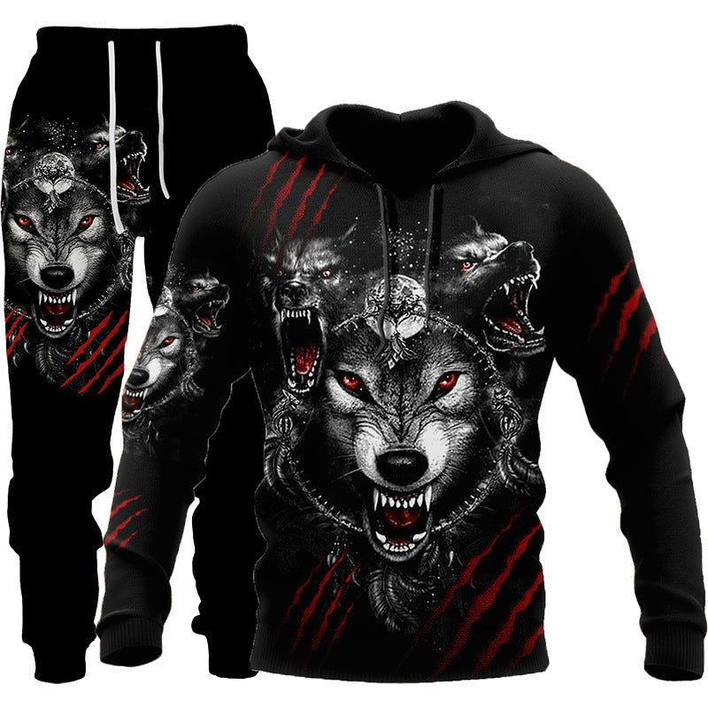 Tracksuit: 3D Wolf Print Hooded Sweatsuit for Men