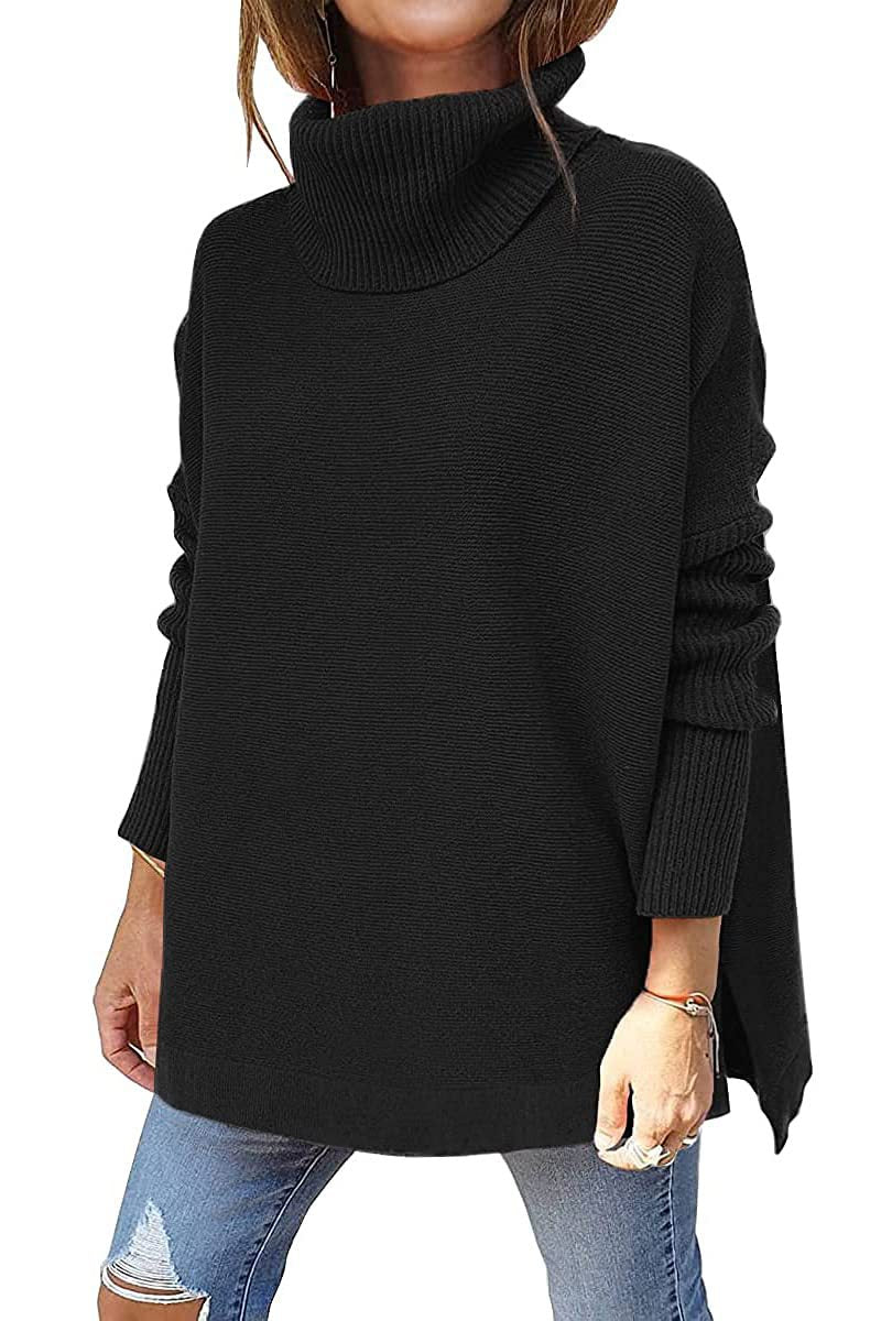 Turtleneck Sweater - Mid Length Batwing Sleeve Slit Hem Tunic Pullover black