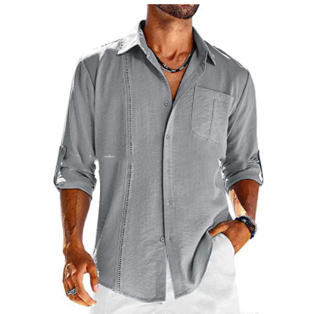 Chemise décontractée à manches longues avec poche en dentelle col polo bouton de couleur unie vêtements pour hommes