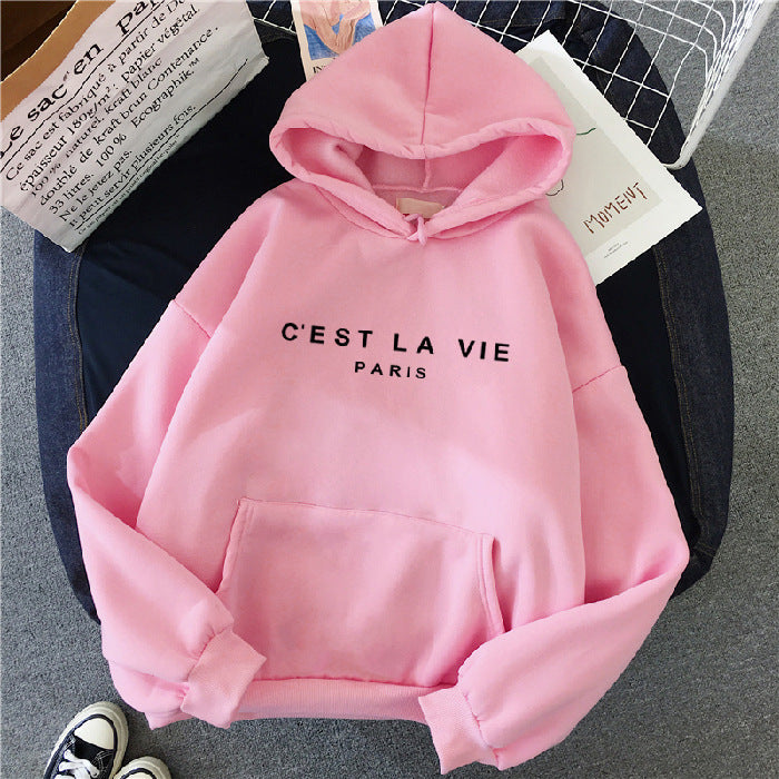 Hoodie - Letter Print Loose Fit Hooded Sweatshirt for Students pink