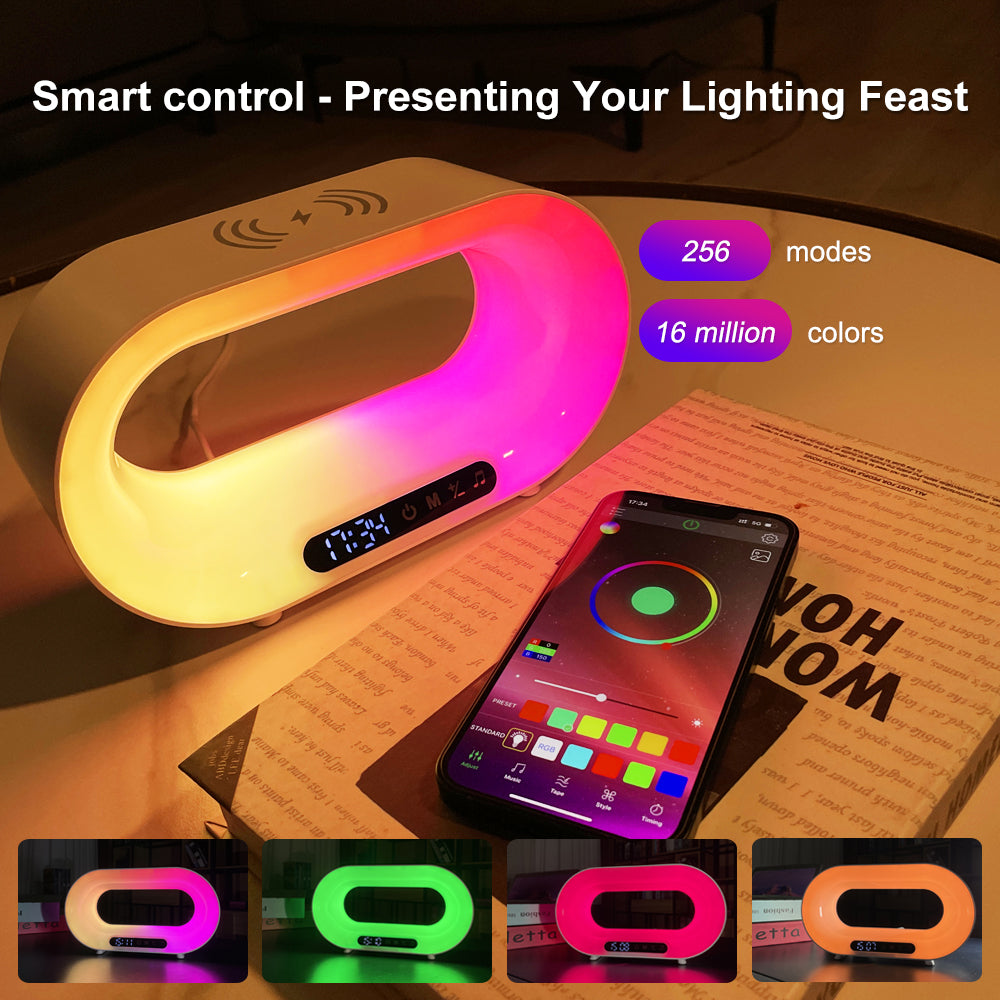 Multifunktions-3-in-1-LED-Nachtlicht, APP-Steuerung, RGB-Atmosphäre, Schreibtischlampe, kabelloses Ladegerät, Wecker