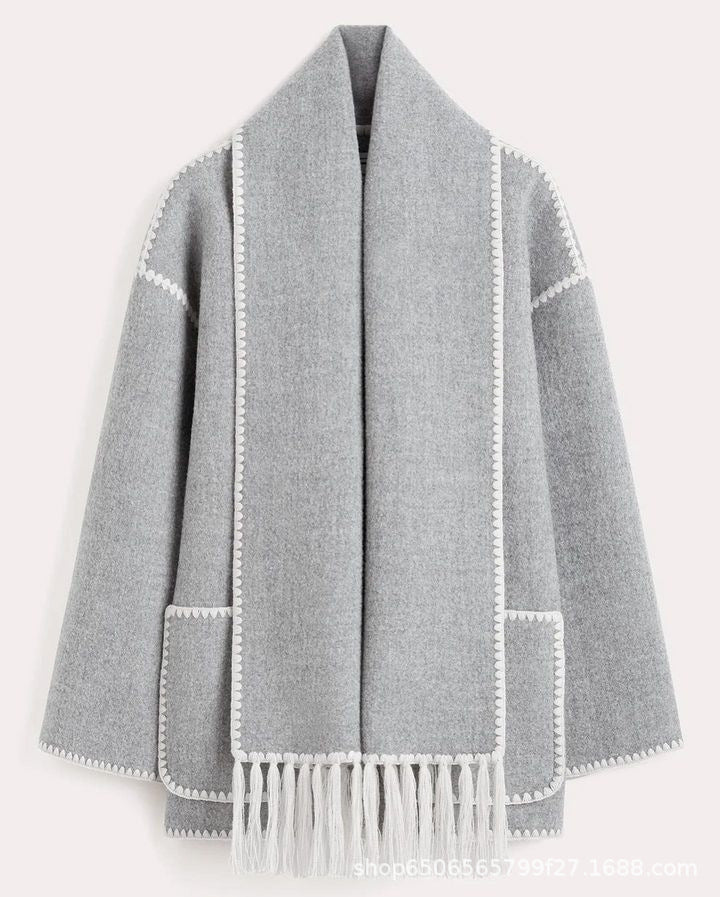 Winter Jacket - Women's Fashionable Thick Woolen Coat with Scarf Tassels  grey