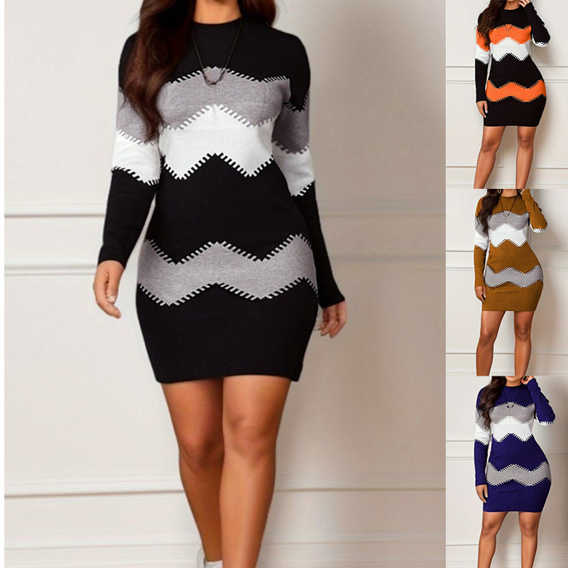 Sweater Dress - Round Neck, Long Sleeve, Printed Knitted Sheath Skirt"