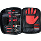 Pet grooming tool set with black and red tools and a glove in an open case on a white background.