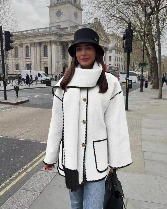 Winter Jacket - Women's Fashionable Thick Woolen Coat with Scarf Tassels  white
