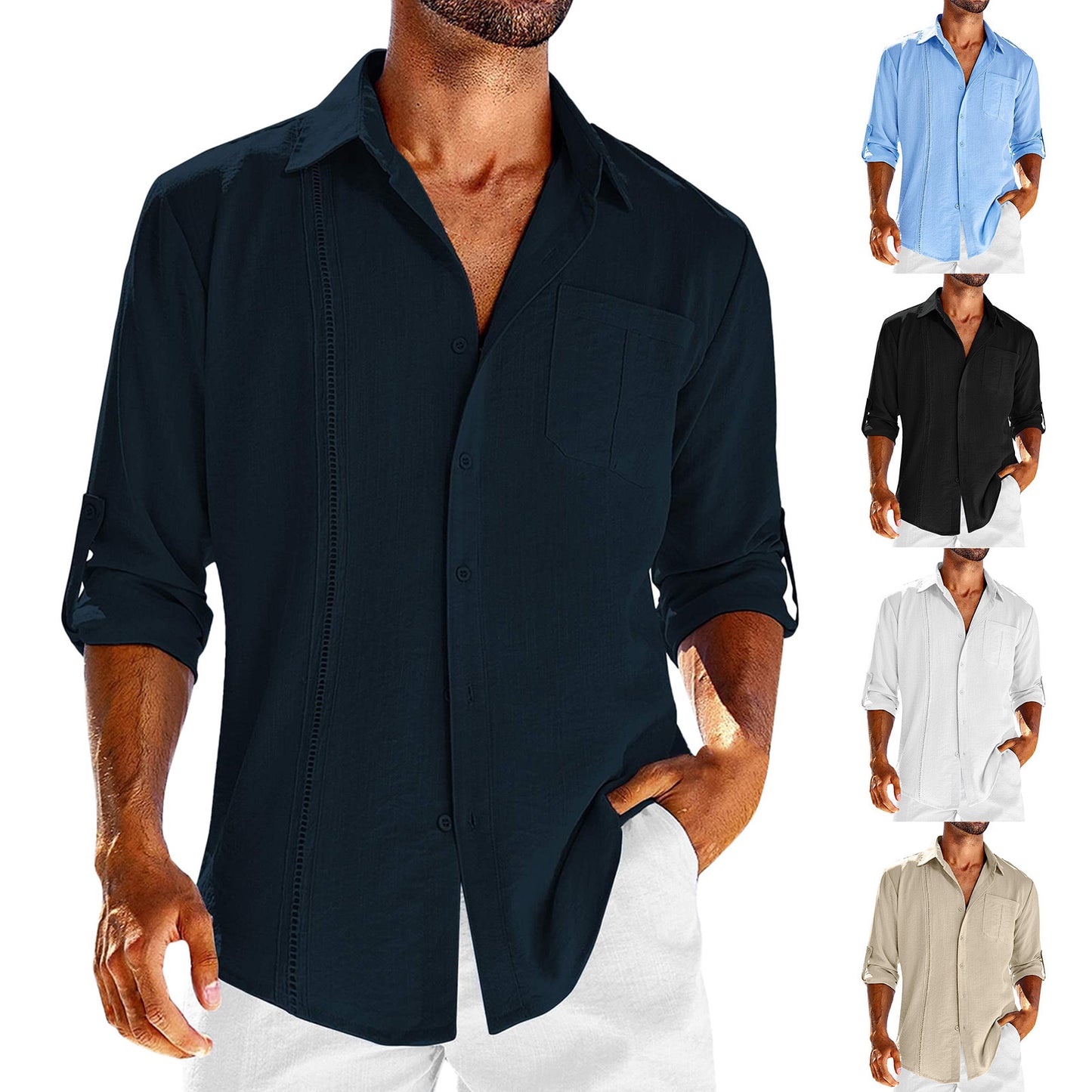 Chemise décontractée à manches longues avec poche en dentelle col polo bouton de couleur unie vêtements pour hommes