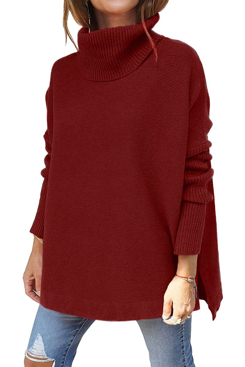 Turtleneck Sweater - Mid Length Batwing Sleeve Slit Hem Tunic Pullover red