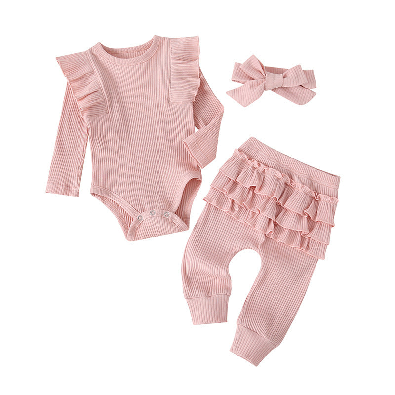 Baby Girls' Casual Long-sleeved Lace-sleeved Romper 3pcs Suit & Bow Headdress