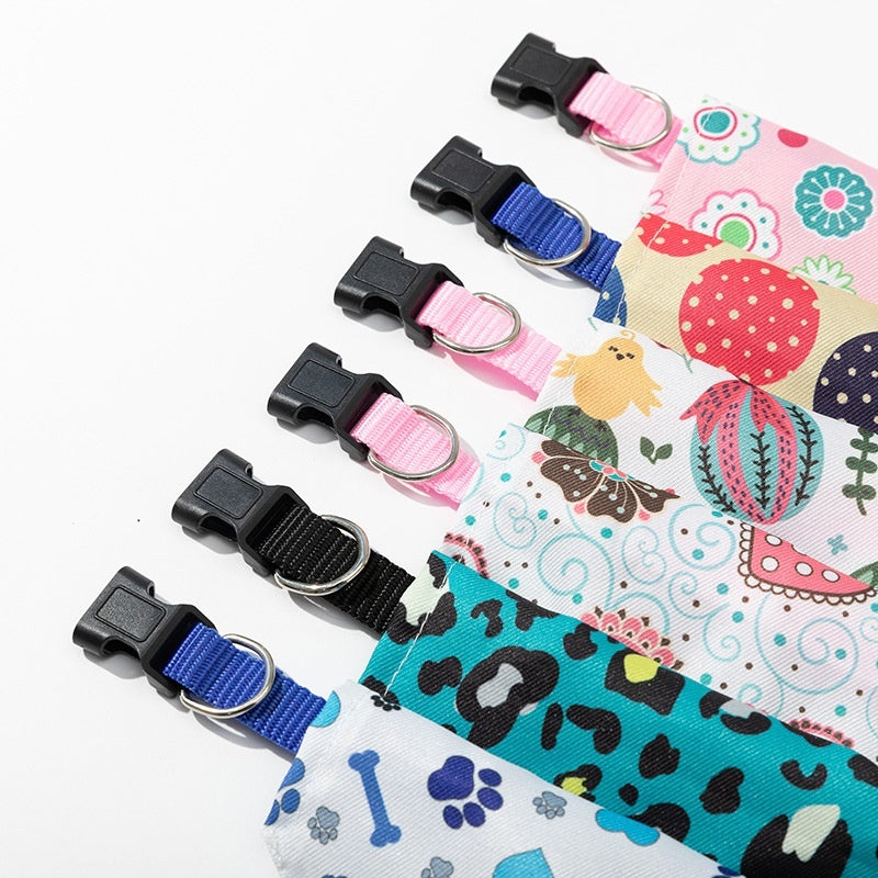 Set of colorful pet collars with various patterns on a white background