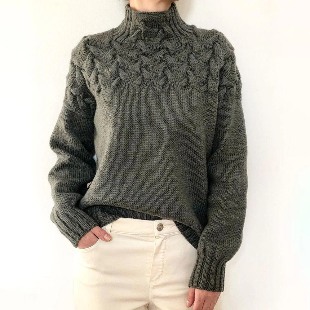 Sweater - Fashion Cable Woven Detail High Collar navy green