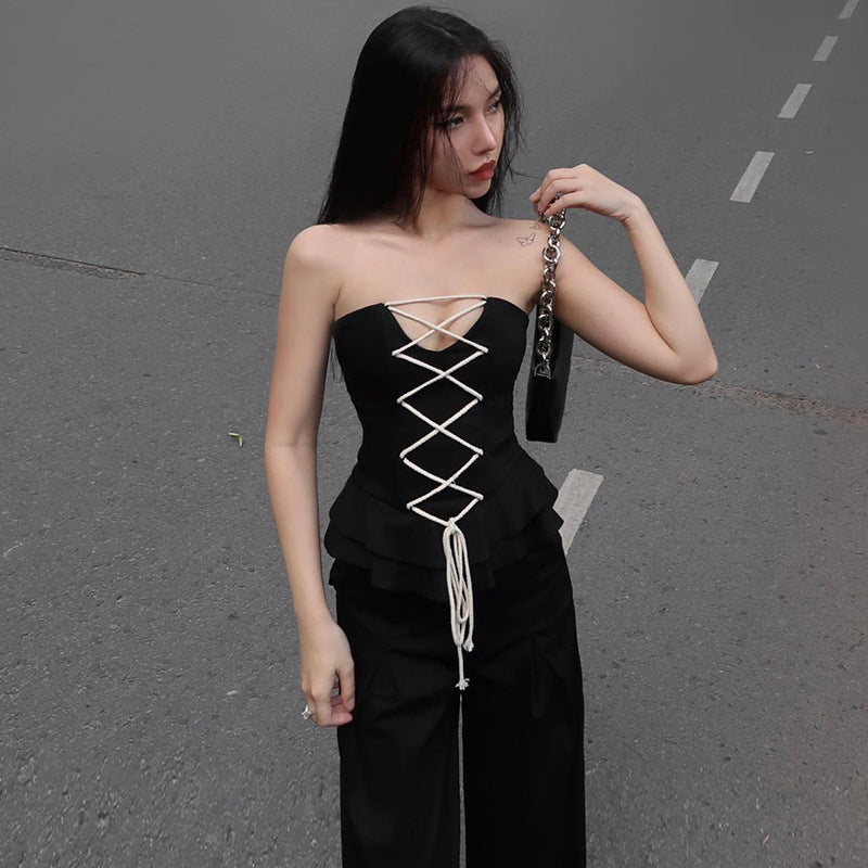 Women Top -  Solid Criss-Cross Waist Tube Top