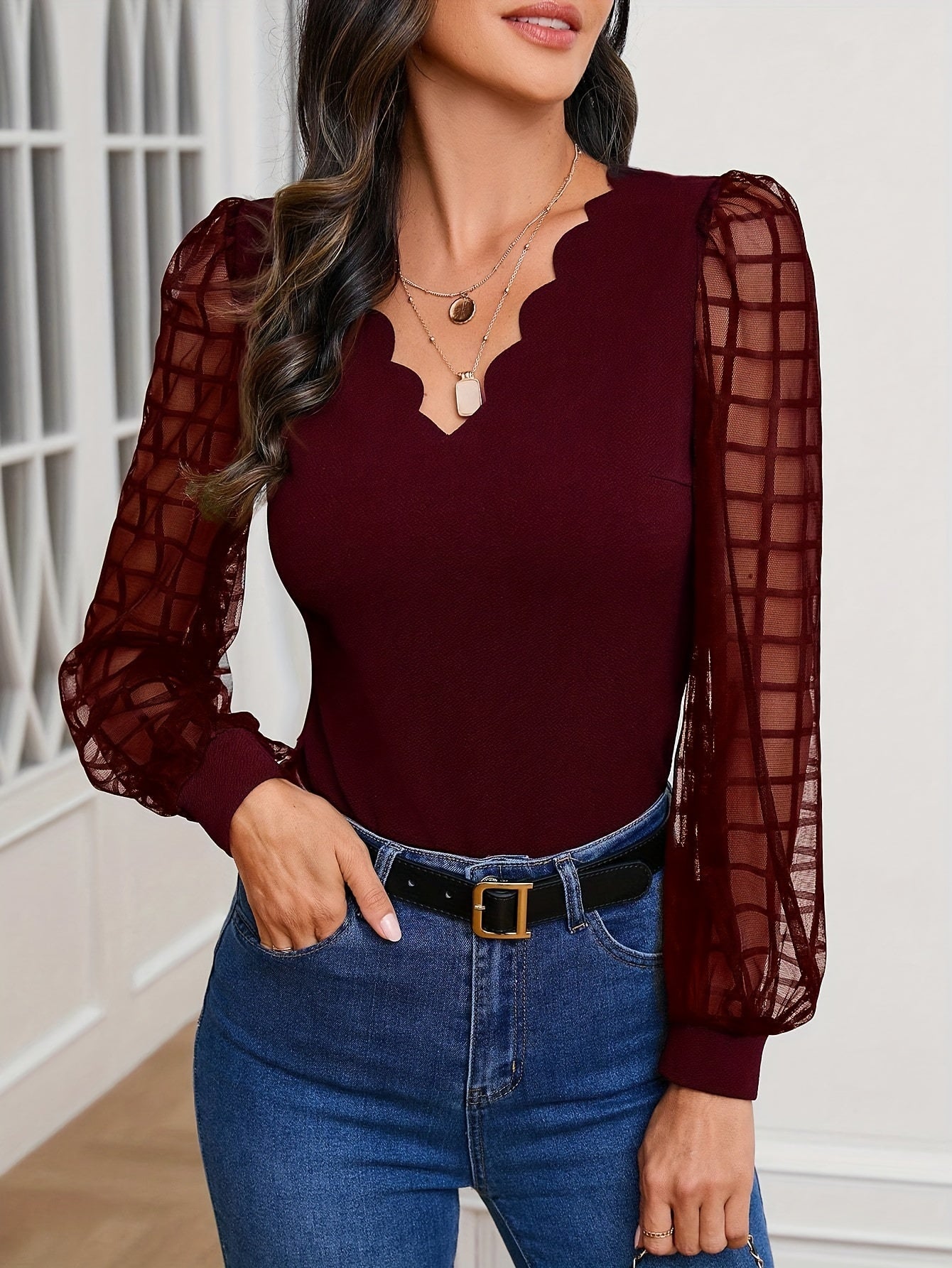 V-Neck Blouse - Women's Casual Scallop Trim V-Neck Blouse with Long Illusion Sleeves for Spring/Fall oxblood