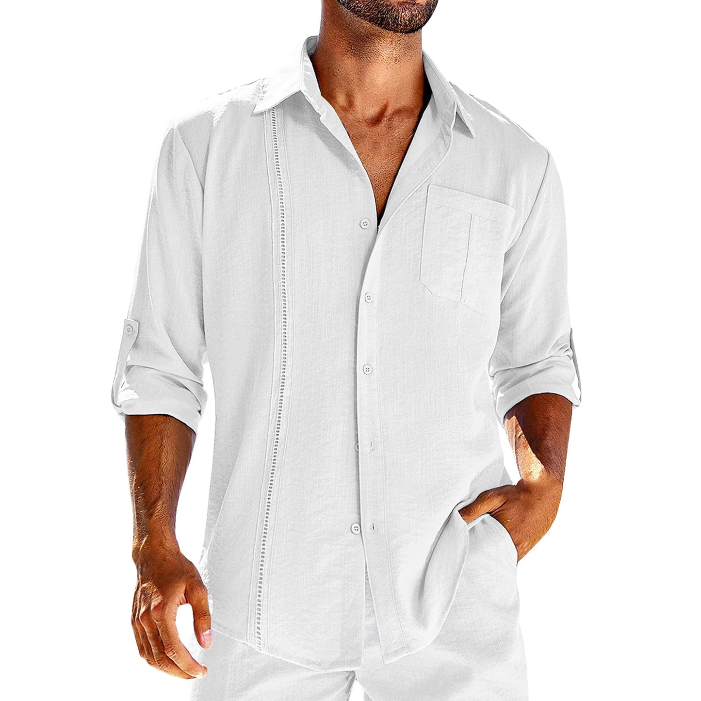 Chemise décontractée à manches longues avec poche en dentelle col polo bouton de couleur unie vêtements pour hommes