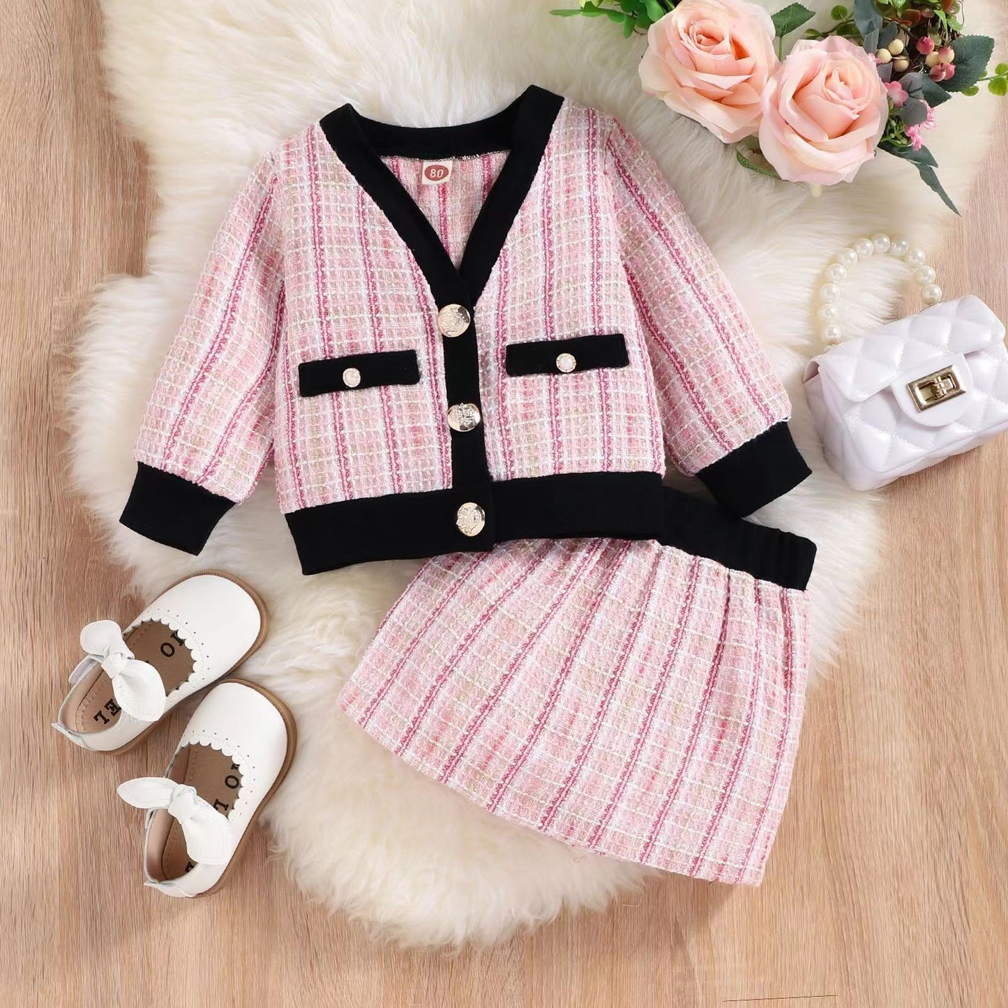 Girls' Houndstooth Pattern 2pcs, Button Front Coat & Skirt Set