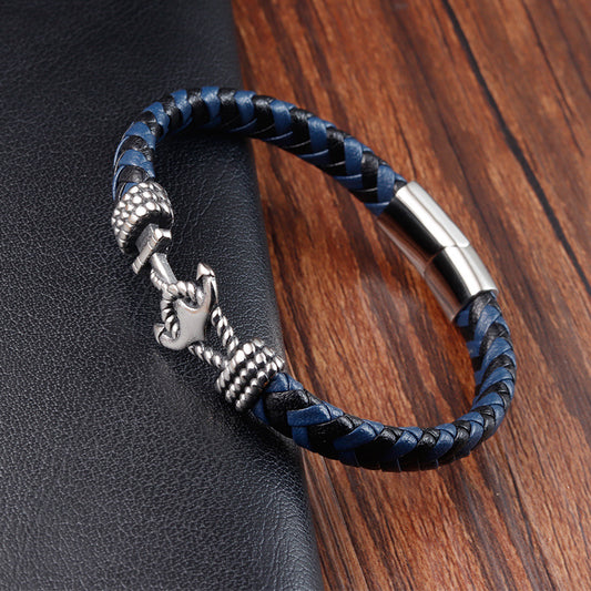 Bracelet Homme Acier Titane Cuir Tressé Ancre