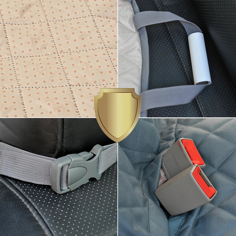 Collage of car seat belt components including padding, buckle, and clip.