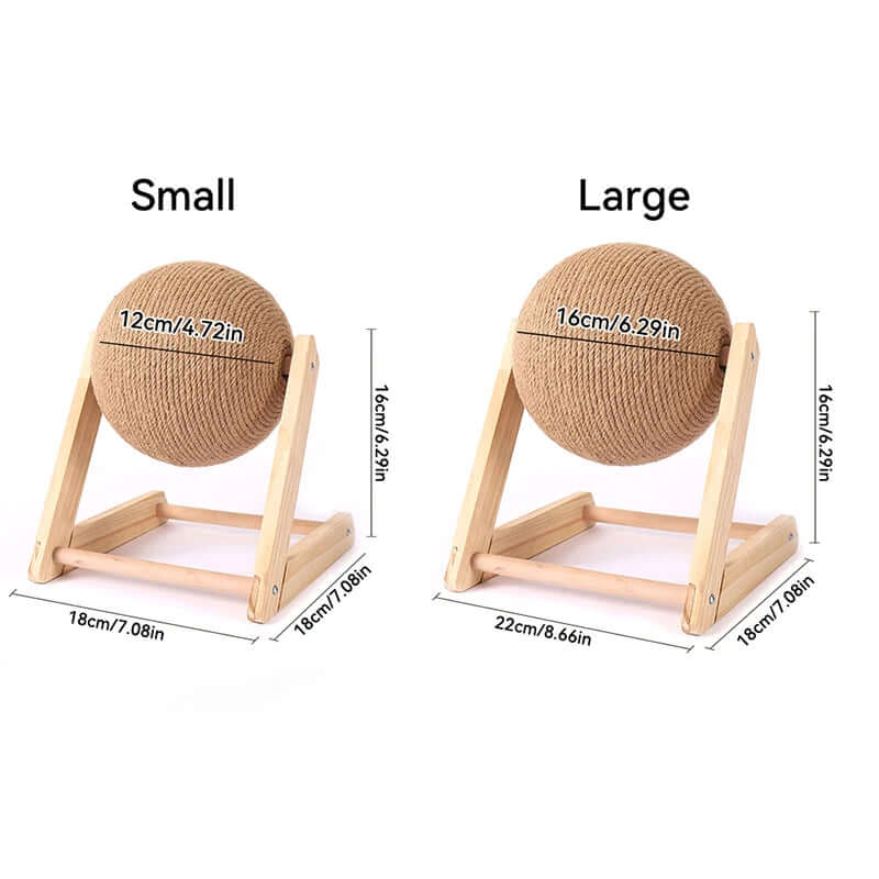 Comparison of small and large woven balls on stands with measurements.