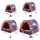 Pet house with size measurements labeled S, M, L, and XL on a white background.